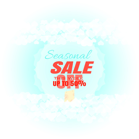 Vector advertising poster of Seasonal Sale on the light blue background with hearts, text and shopping bag in the center.のイラスト素材