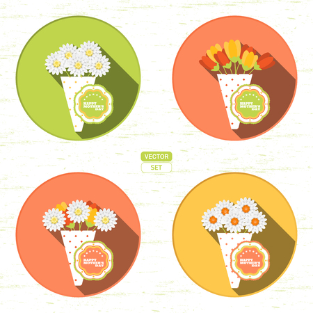 Vector set of round icons with bouquet of different flowers and label for Happy Mother's Day on the red background with shadow.のイラスト素材