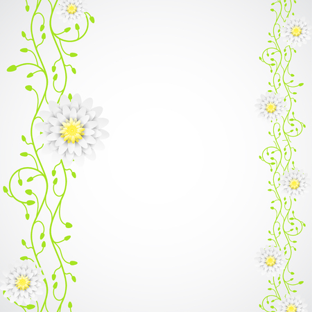 Vector abstract background with two vertical green plant branches with flowers of different size.のイラスト素材
