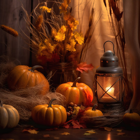 Realistic photo of Autumn Set and Decorations. with warm light condition.の素材