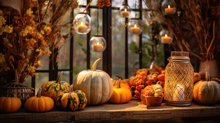 Realistic photo of Autumn Set and Decorations. with warm light condition.の素材