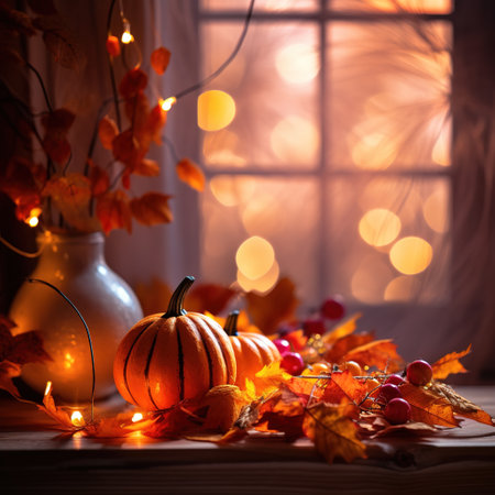 Realistic photo of Autumn Set and Decorations. with warm light condition.の素材