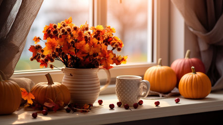 Realistic photo of Autumn Set and Decorations. with warm light condition.の素材