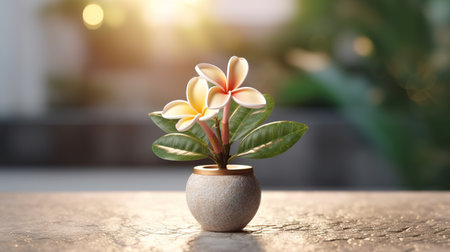 Realistic photo of a Tropical plant in a marble vase. with natural light condition.の素材