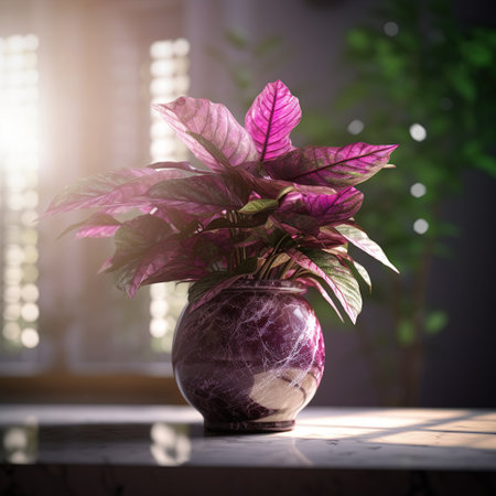 Realistic photo of a Tropical plant in a marble vase. with natural light condition.の素材