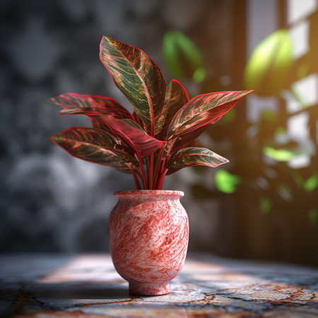 Realistic photo of a Tropical plant in a marble vase. with natural light condition.の素材