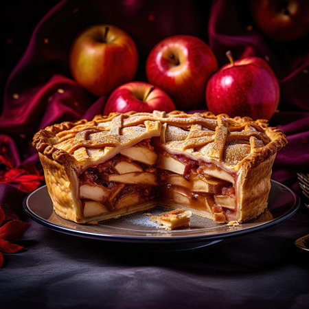 Realistic photo of Apple pie, surrounding by apple fruit. Close-Up Food Photographyの素材