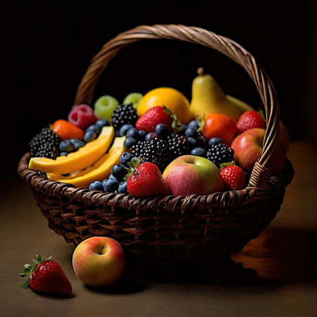Realistic photo of Basket full of Fruit. Close-Up Food Photographyの素材