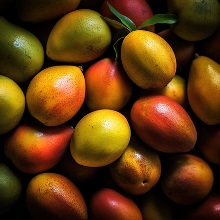 Realistic photo of a bunch of mangos. top view fruit sceneryの素材