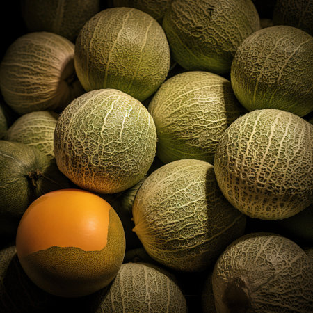 Realistic photo of a bunch of cantaloupe. top view fruit sceneryの素材