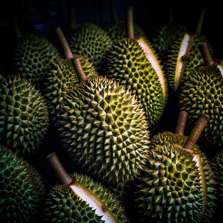 Realistic photo of a bunch of durians. top view fruit sceneryの素材