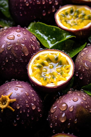 Realistic photo of a bunch of passion fruits. top view fruit sceneryの素材