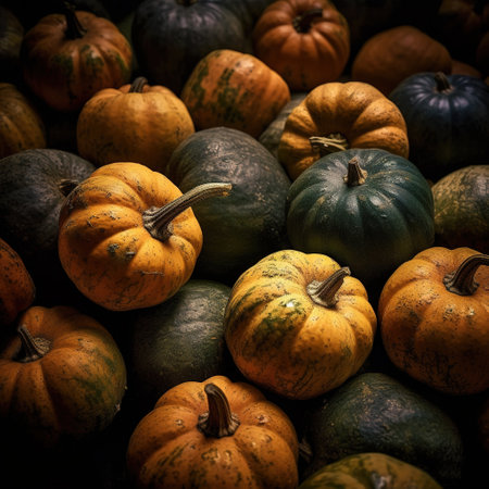 Realistic photo of a bunch of pumpkins. top view fruit sceneryの素材