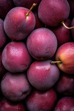 Realistic photo of a bunch of plums. top view fruit sceneryの素材