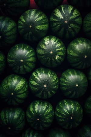 Realistic photo of a bunch of watermelons. top view fruit sceneryの素材