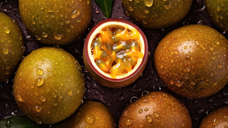 Realistic photo of a bunch of passion fruits. top view fruit sceneryの素材