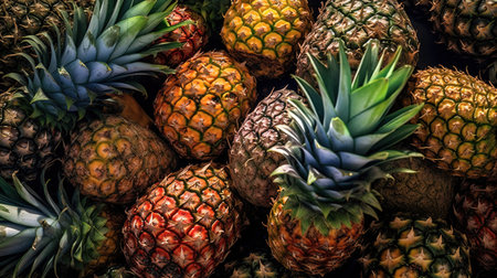Realistic photo of a bunch of pineapples. top view fruit sceneryの素材