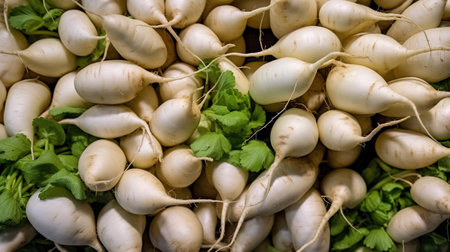 Realistic photo of a bunch of white radish. top view vegetables sceneryの素材