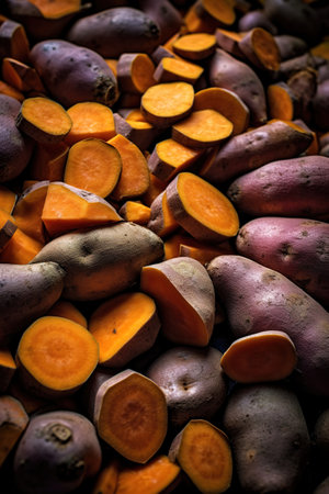 Realistic photo of a bunch of sweet potato. top view vegetables sceneryの素材