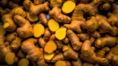 Realistic photo of a bunch of turmeric. top view vegetables sceneryの素材