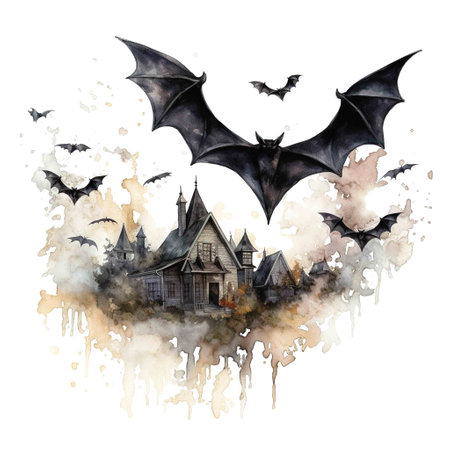 Bat Colony Flying For Halloween Event. Watercolor Style. AI Generatedの素材