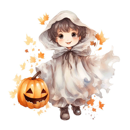 Boy Wearing Ghost Costume For Halloween Event. Watercolor Style. AI Generatedの素材