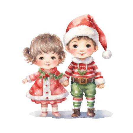Sibling Wearing Santa and Elf Costume For Christmas Event. Watercolor Style. AI Generatedの素材
