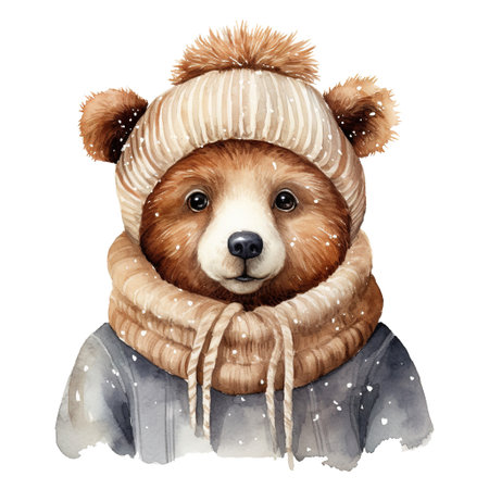 Bear Wearing Winter Clothes For Christmas Event. Watercolor Style. AI Generatedの素材