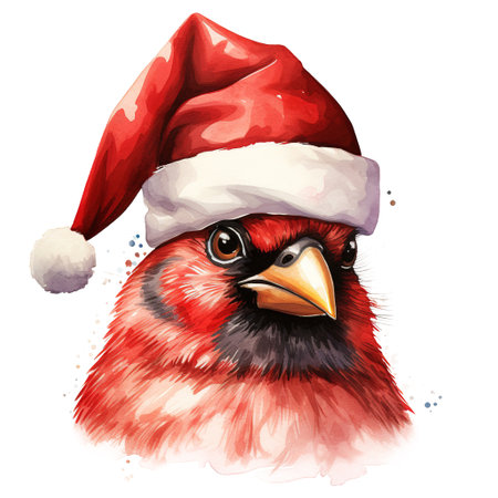 Cardinal Bird Wearing Santa Hat For Christmas Event. Watercolor Style. AI Generatedの素材