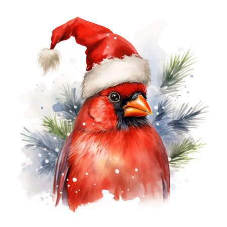 Cardinal Bird Wearing Santa Hat For Christmas Event. Watercolor Style. AI Generatedの素材