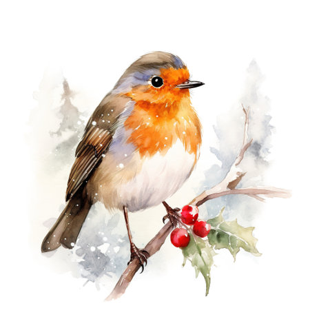 Robin Bird For Christmas Event. Watercolor Style. AI Generatedの素材