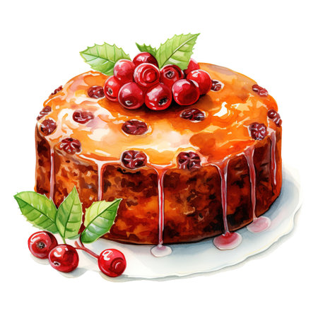 Christmas Fruit Cake For Christmas Event. Watercolor Style. AI Generatedの素材