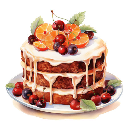 Christmas Fruit Cake For Christmas Event. Watercolor Style. AI Generatedの素材