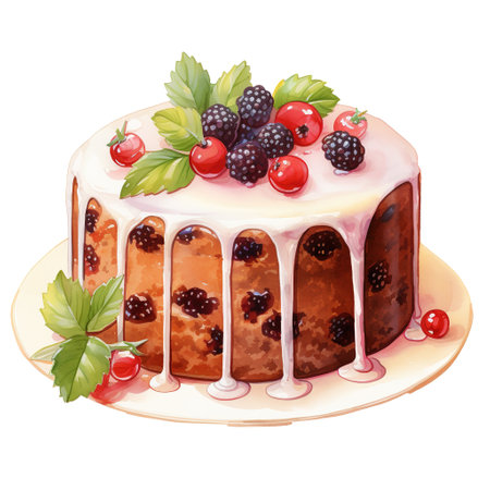 Christmas Fruit Cake For Christmas Event. Watercolor Style. AI Generatedの素材