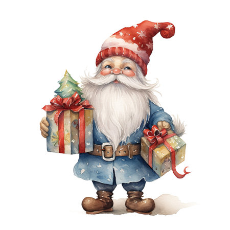 Gnomes carrying Giftbox For Christmas Event. Watercolor Style. AI Generatedの素材