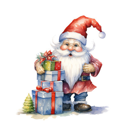 Gnomes carrying Giftbox For Christmas Event. Watercolor Style. AI Generatedの素材