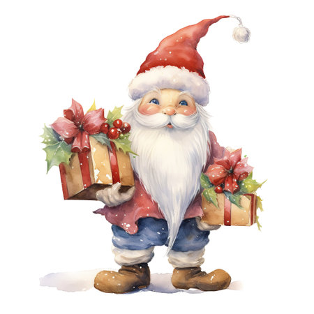 Gnomes carrying Giftbox For Christmas Event. Watercolor Style. AI Generatedの素材