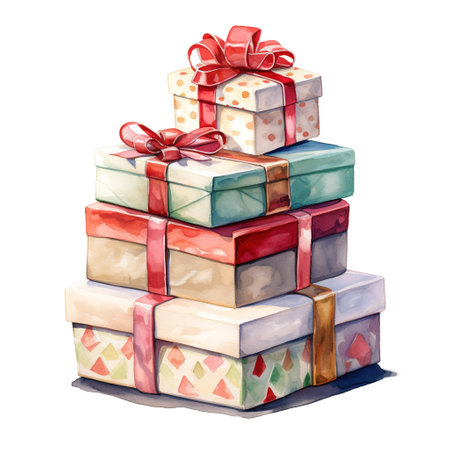 Pile of Giftboxes For Christmas Event. Watercolor Style. AI Generatedの素材