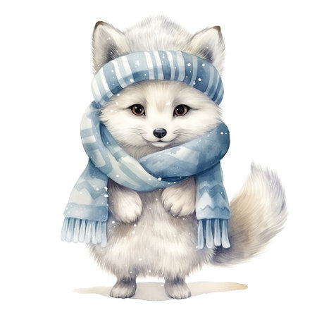 Arctic Fox Wearing Winter Clothes For Christmas Event. Watercolor Style. AI Generatedの素材