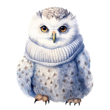 Owl Wearing Winter Clothes For Christmas Event. Watercolor Style. AI Generatedの素材
