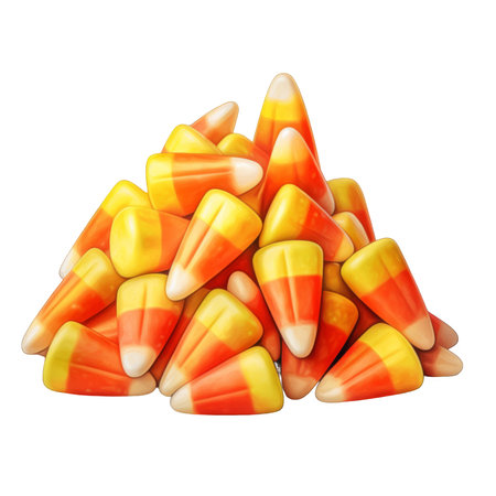 A close-up image of a pile of candy corn, a popular Halloween treat.の素材