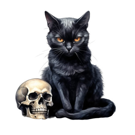 A black cat with yellow eyes sits with a skull beside it on a black background.の素材