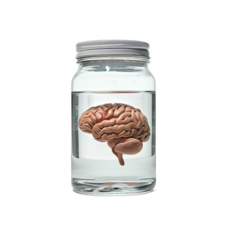 A preserved human brain is displayed in a clear glass jar filled with liquid.の素材