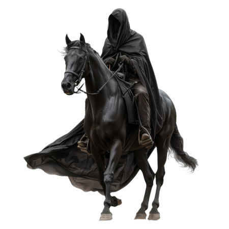 A cloaked and hooded figure rides a black horse, their cape flowing behind them. The image has a dark, mysterious, and slightly ominous feel.の素材