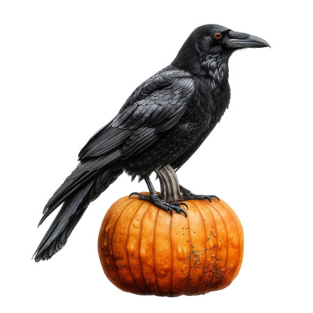 A realistic digital illustration of a black raven perched on an orange pumpkin against a dark background.の素材