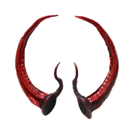 The image depicts a pair of curved, red horns with a black base. They appear to be made of a smooth, shiny material, and they are sharply pointed at the tips. The horns are positioned symmetrically, with their bases facing inwards and their tips pointing outwards. The image is likely intended to evoke feelings of evil, power, and danger.の素材