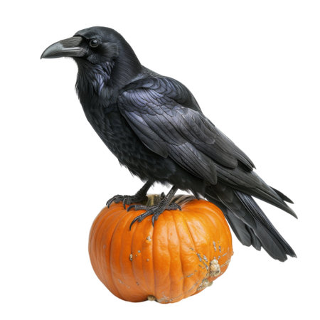 A black raven, with its sharp beak and talons, is perched atop an orange pumpkin.  The image is isolated against a black background.の素材