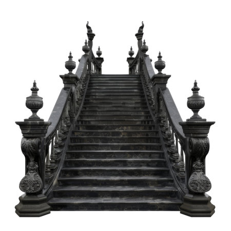 A grand, ornate black marble staircase with intricate handrails, isolated on a black background.の素材
