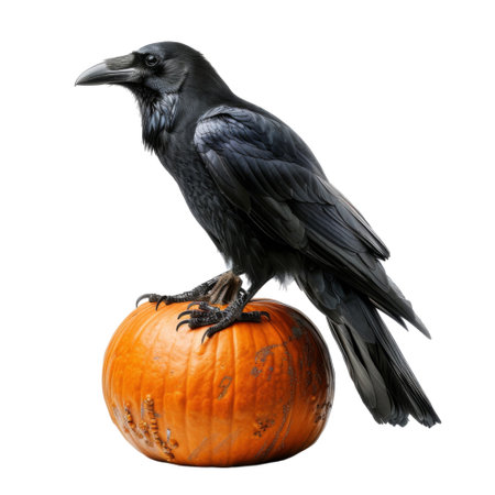 A black raven perches on top of a ripe orange pumpkin against a dark background.の素材