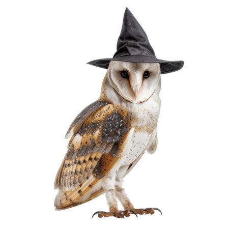 A barn owl wearing a black witch's hat, looking directly at the viewer with large, dark eyes.の素材